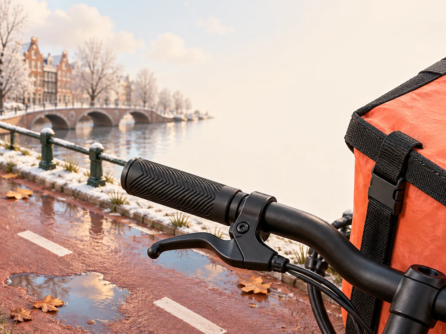 Fietsstuur en bezorgtas op een nat winterfietspad