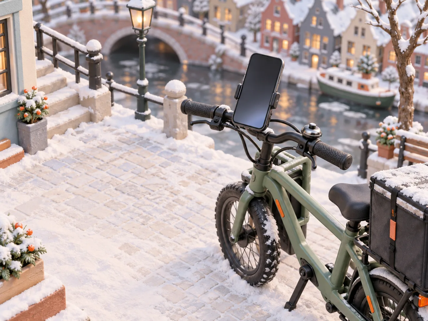 Stilstaande bezorgfiets met blanco telefoon op het stuur